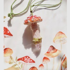 Red mushroom, pink crystal necklace